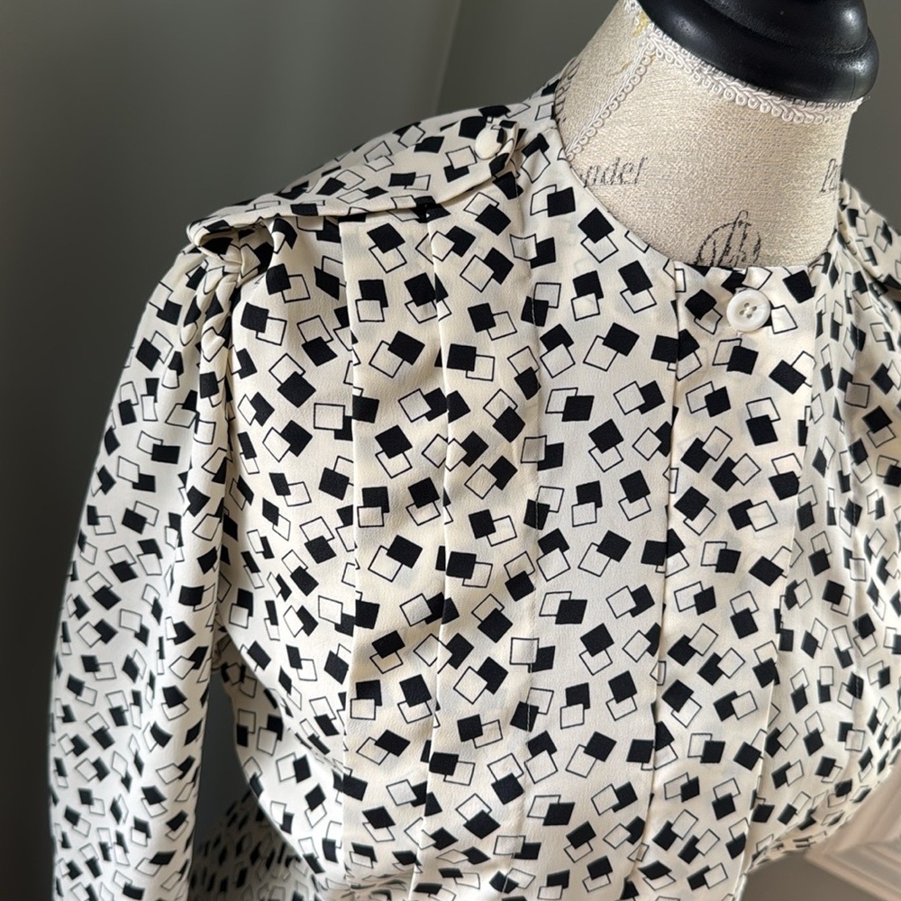 Vintage Worthington peplum button-down top ivory/black geometric EUC SMALL - Picture 4 of 12